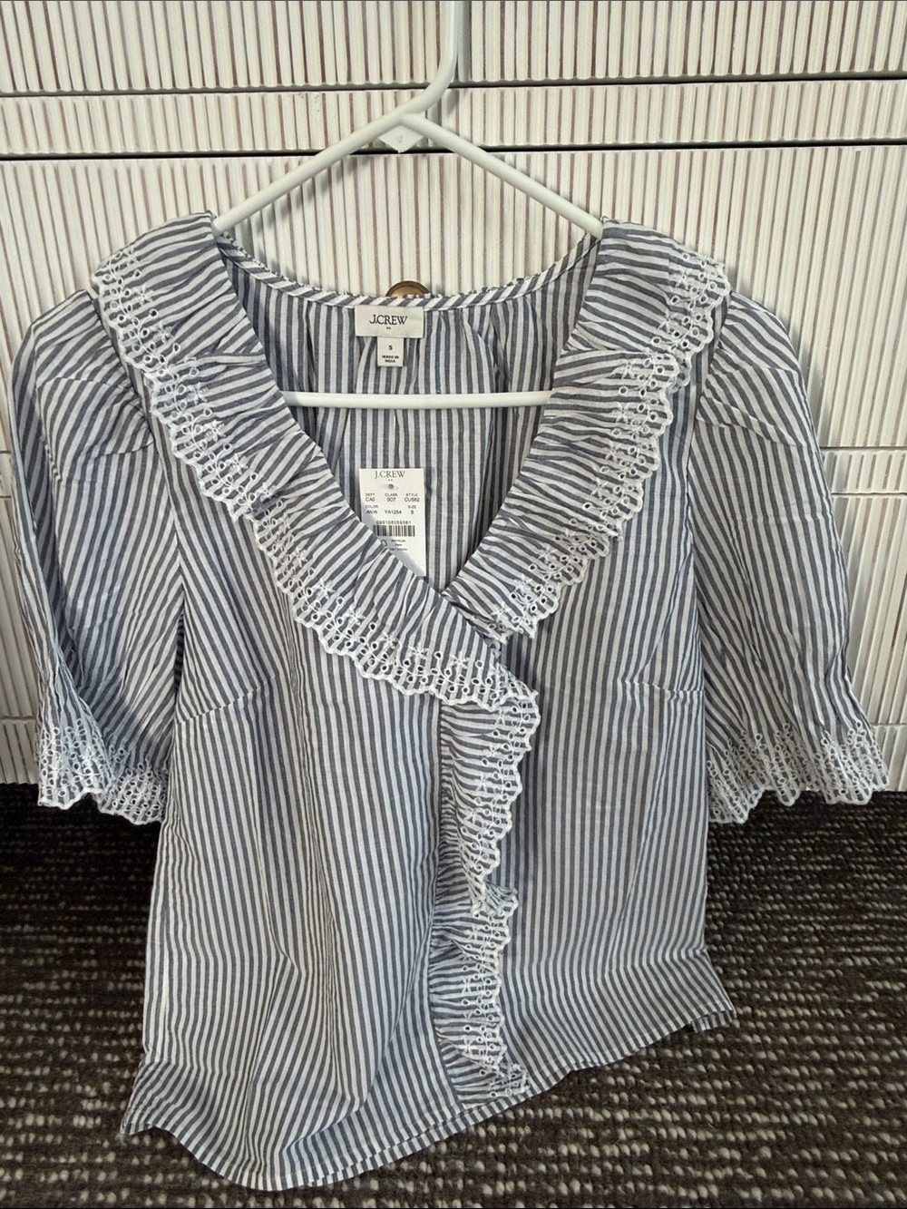 J. Crew Blue and White Striped Ruffle-Trim Blouse